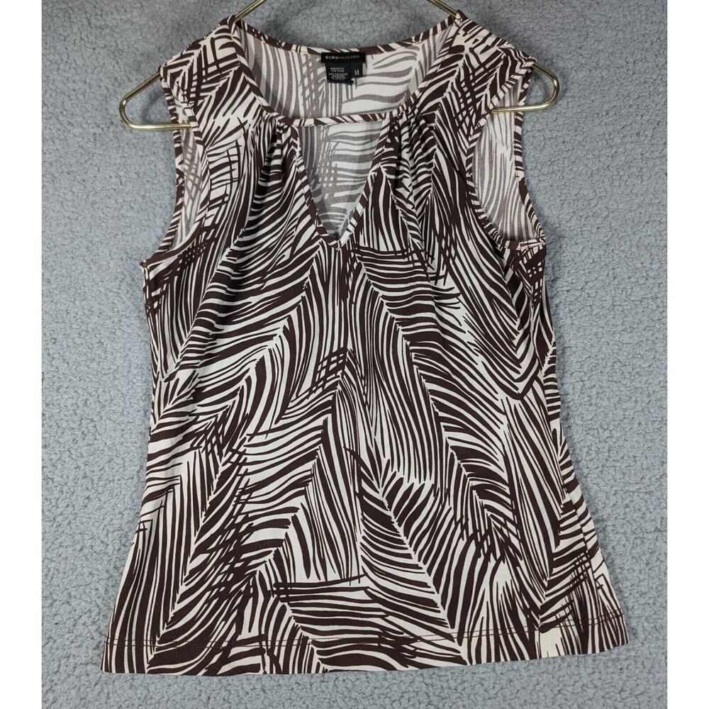 BCBGMaxAzria Blouse Womens Medium Brown White Leaf Floral Pattern V Neck
